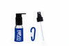 50 ml bottle, spray and locking pump nozzles, blue holster, clip, belt loop and carabiner