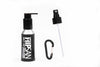 100 ml bottle, spray and locking pump nozzles, black holster, clip, belt loop and carabiner