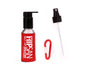 100 ml bottle, spray and locking pump nozzles, red holster, clip, belt loop and carabiner