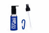 100 ml bottle, spray and locking pump nozzles, blue holster, clip, belt loop and carabiner